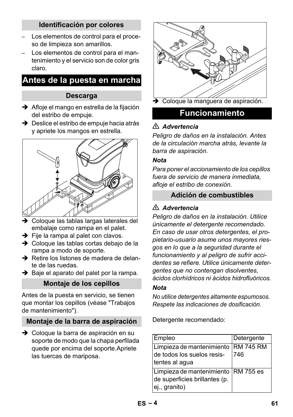 Antes de la puesta en marcha, Funcionamiento | Karcher BR 40-25 C Ep EU User Manual | Page 61 / 288