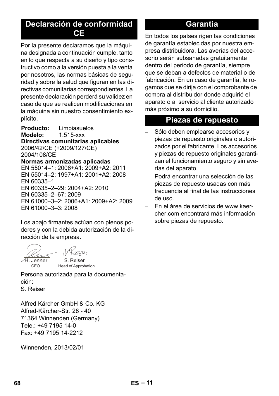 Declaración de conformidad ce, Garantía piezas de repuesto | Karcher BR 40-25 C Ep EU User Manual | Page 68 / 288