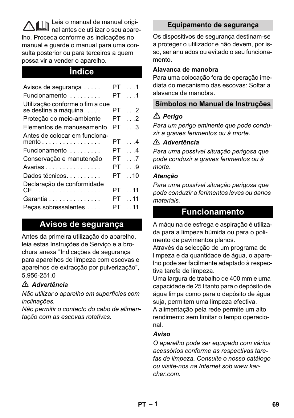 Português, Índice, Avisos de segurança | Funcionamento | Karcher BR 40-25 C Ep EU User Manual | Page 69 / 288
