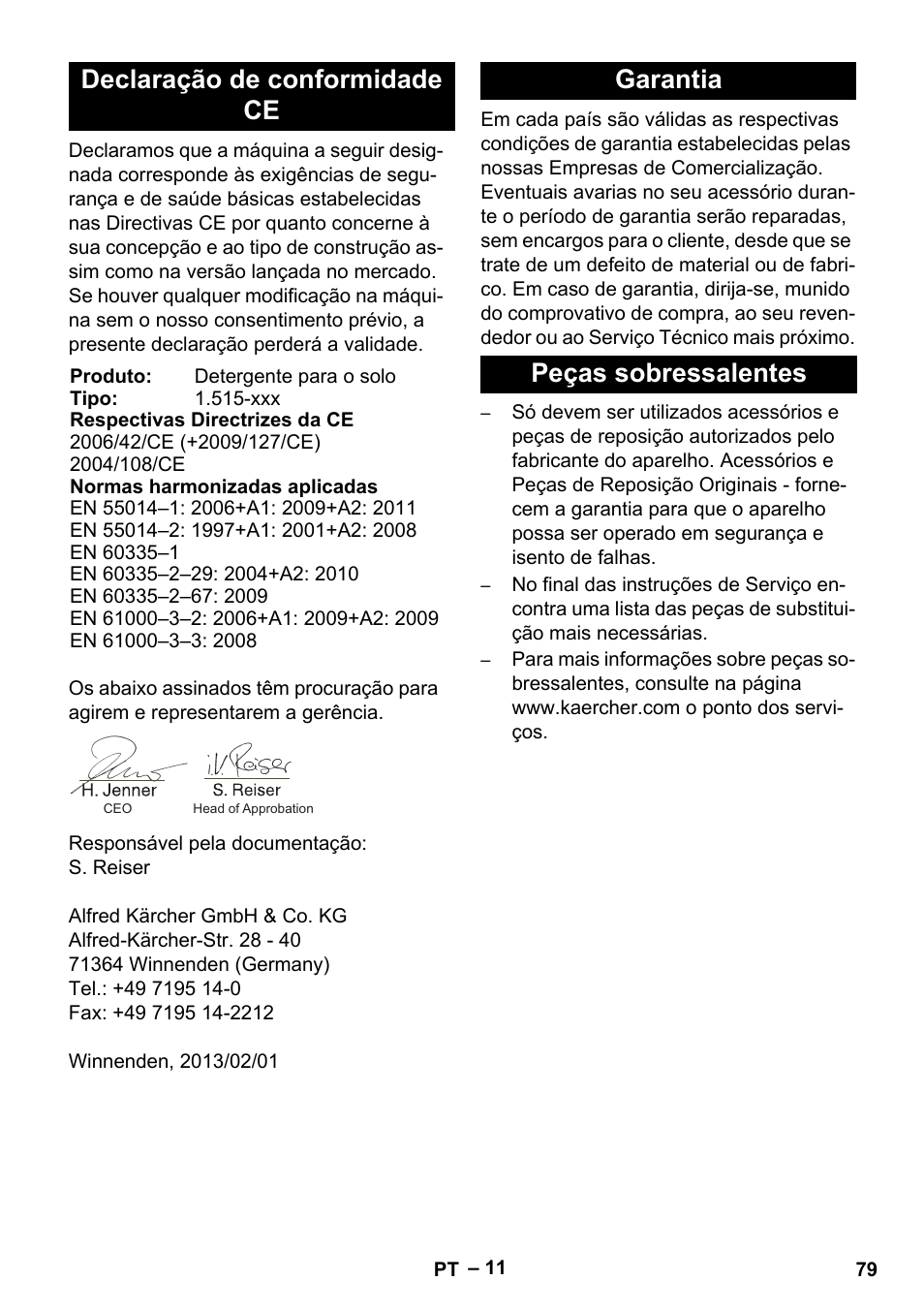 Declaração de conformidade ce, Garantia peças sobressalentes | Karcher BR 40-25 C Ep EU User Manual | Page 79 / 288