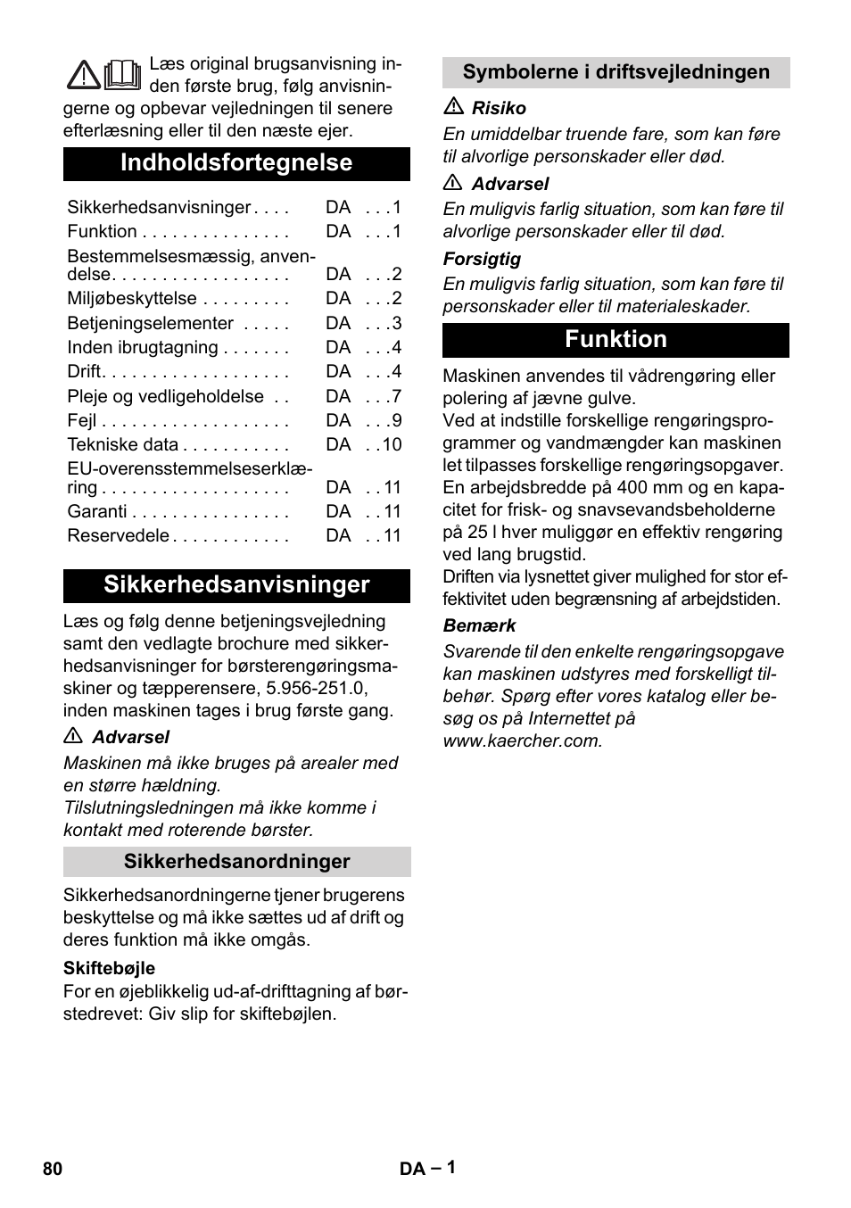 Dansk, Indholdsfortegnelse, Sikkerhedsanvisninger | Funktion | Karcher BR 40-25 C Ep EU User Manual | Page 80 / 288