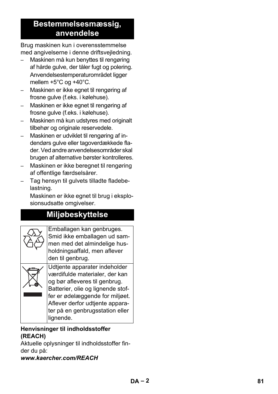 Bestemmelsesmæssig‚ anvendelse miljøbeskyttelse | Karcher BR 40-25 C Ep EU User Manual | Page 81 / 288