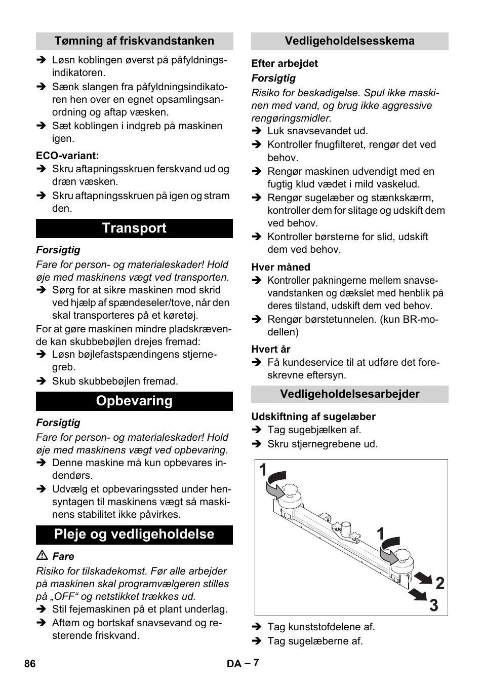 Transport opbevaring pleje og vedligeholdelse | Karcher BR 40-25 C Ep EU User Manual | Page 86 / 288