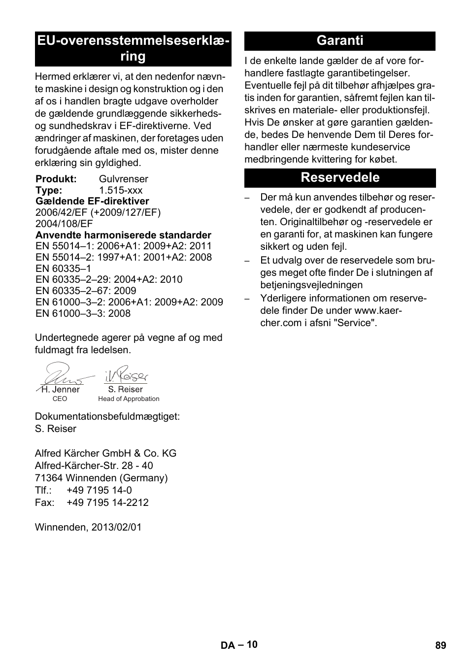 Eu-overensstemmelseserklæ- ring, Garanti reservedele | Karcher BR 40-25 C Ep EU User Manual | Page 89 / 288