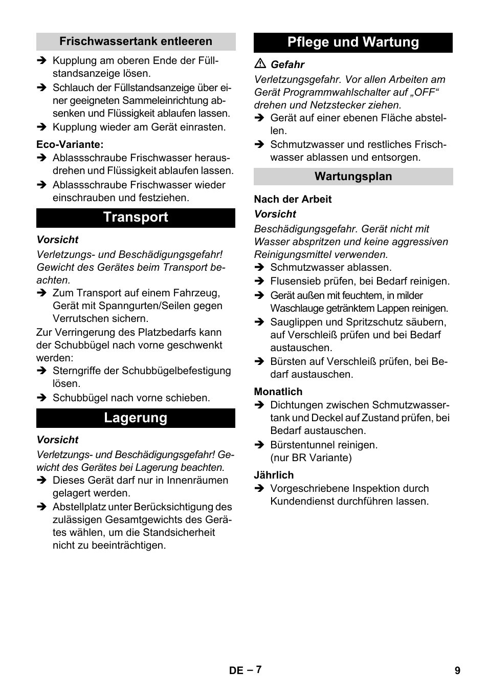 Transport lagerung pflege und wartung | Karcher BR 40-25 C Ep EU User Manual | Page 9 / 288
