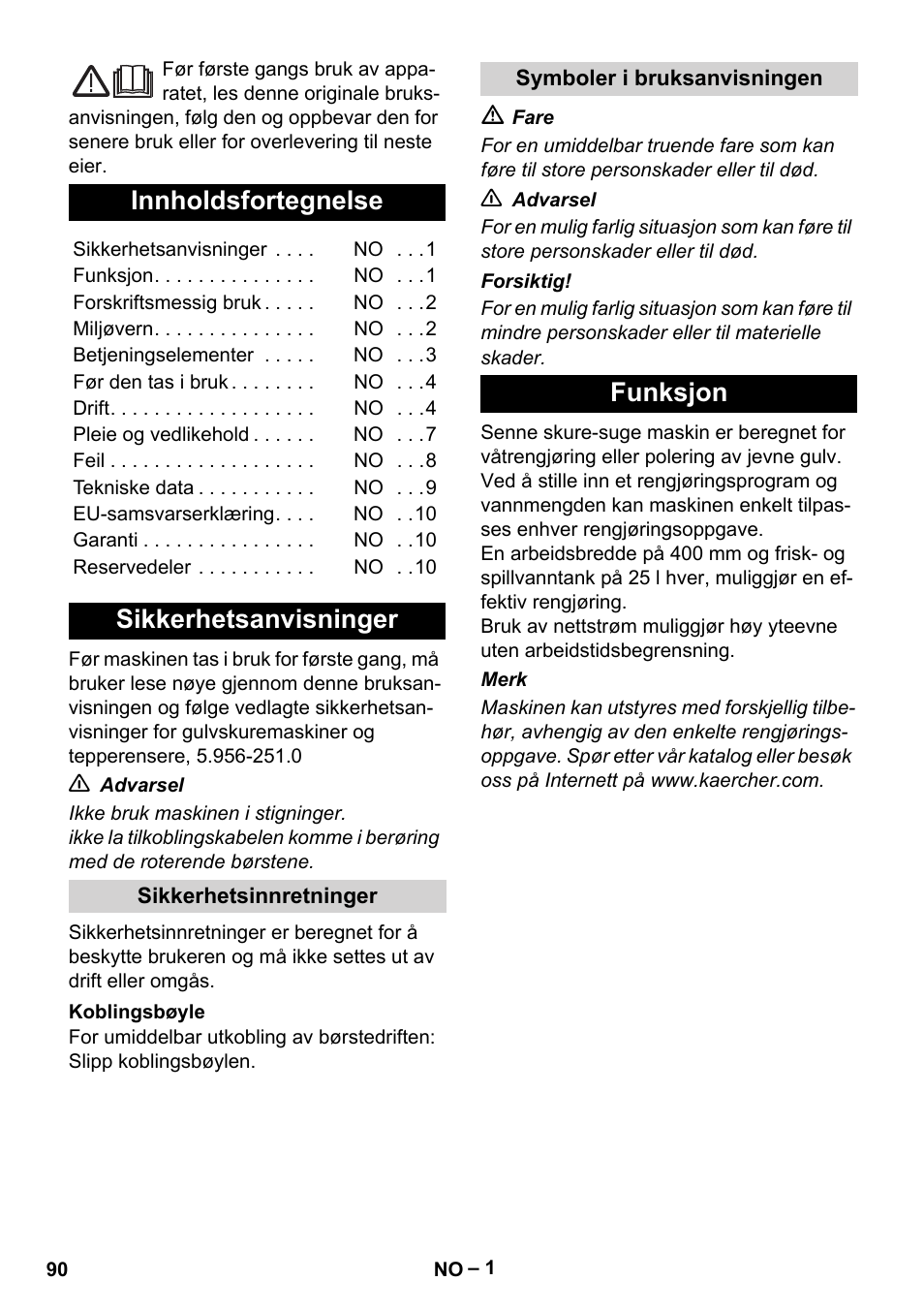 Norsk, Innholdsfortegnelse, Sikkerhetsanvisninger | Funksjon | Karcher BR 40-25 C Ep EU User Manual | Page 90 / 288