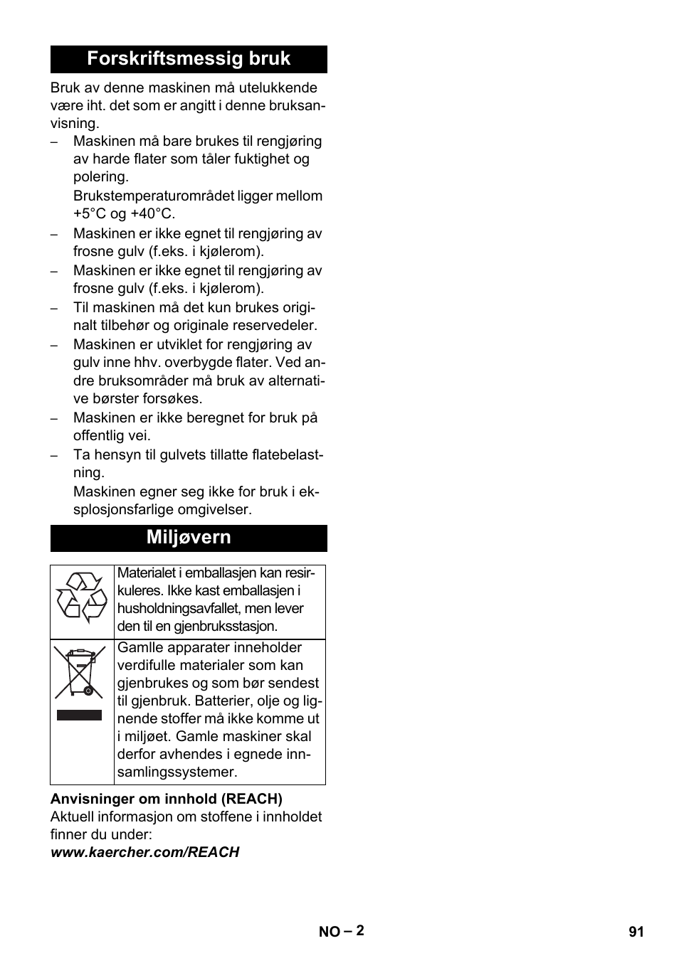 Forskriftsmessig bruk miljøvern | Karcher BR 40-25 C Ep EU User Manual | Page 91 / 288