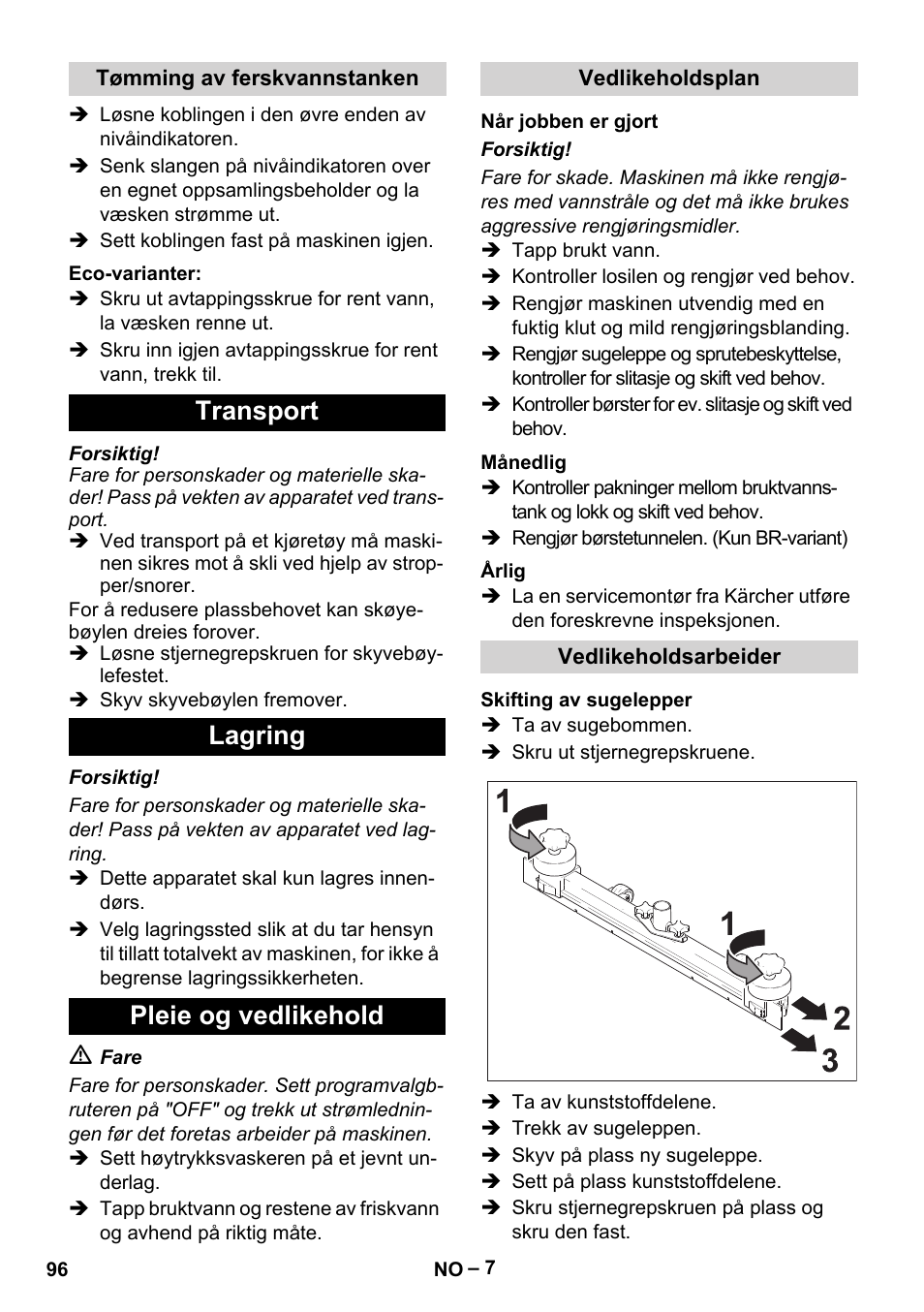 Transport lagring pleie og vedlikehold | Karcher BR 40-25 C Ep EU User Manual | Page 96 / 288