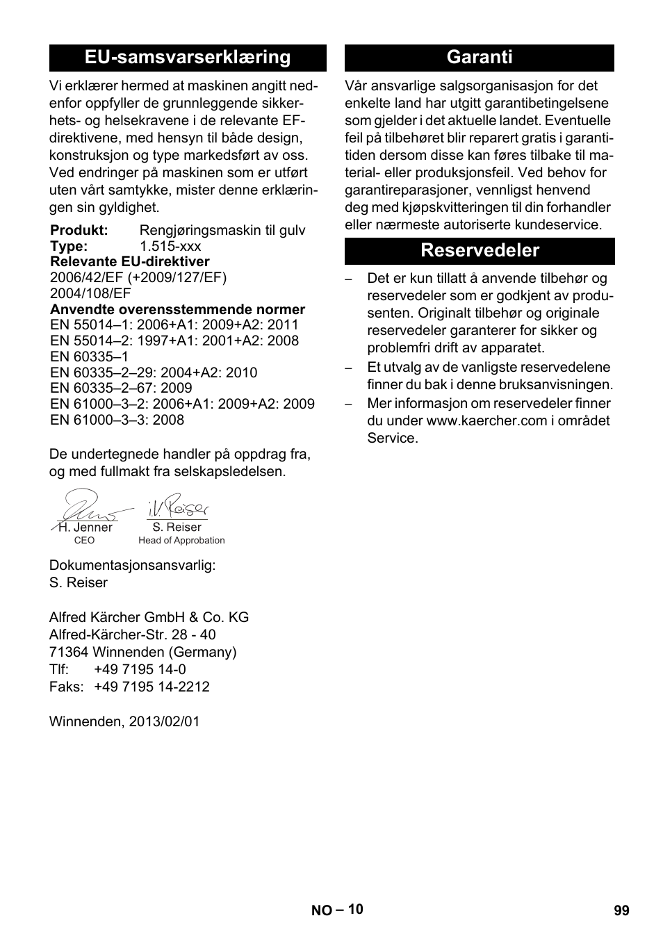 Eu-samsvarserklæring, Garanti reservedeler | Karcher BR 40-25 C Ep EU User Manual | Page 99 / 288