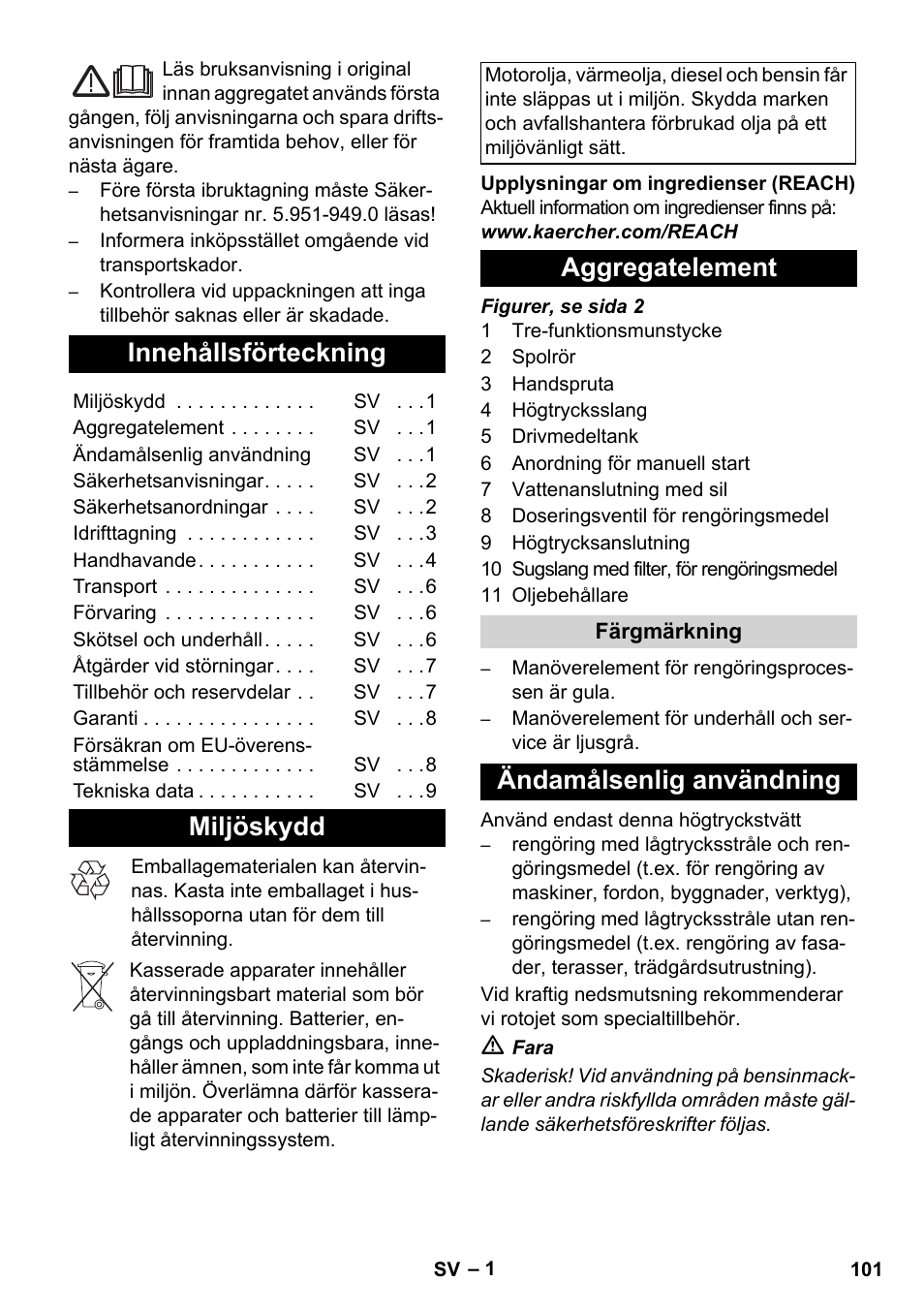 Svenska, Innehållsförteckning, Miljöskydd | Aggregatelement, Ändamålsenlig användning | Karcher HD 728 B Cage User Manual | Page 101 / 256