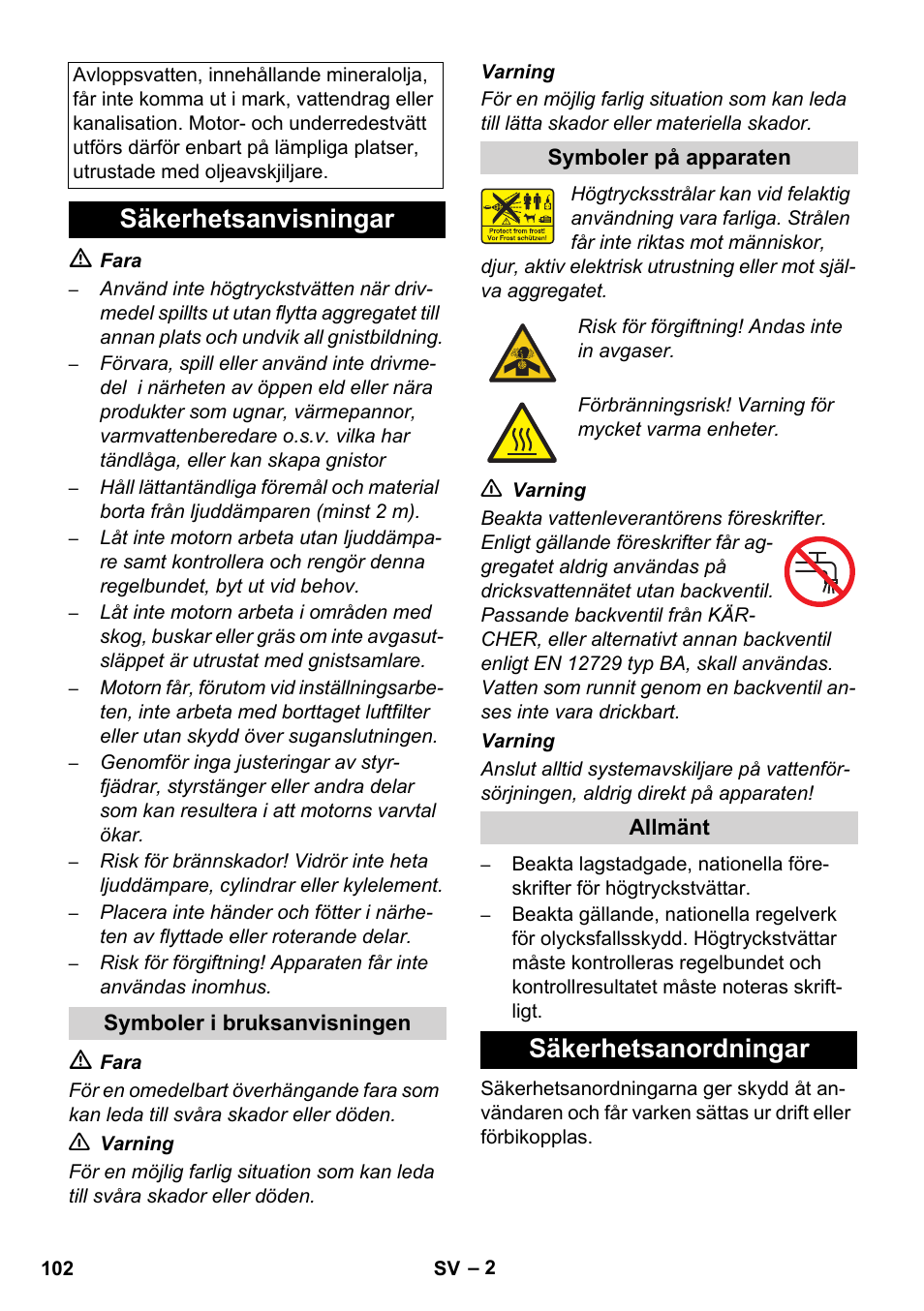 Säkerhetsanvisningar, Säkerhetsanordningar | Karcher HD 728 B Cage User Manual | Page 102 / 256