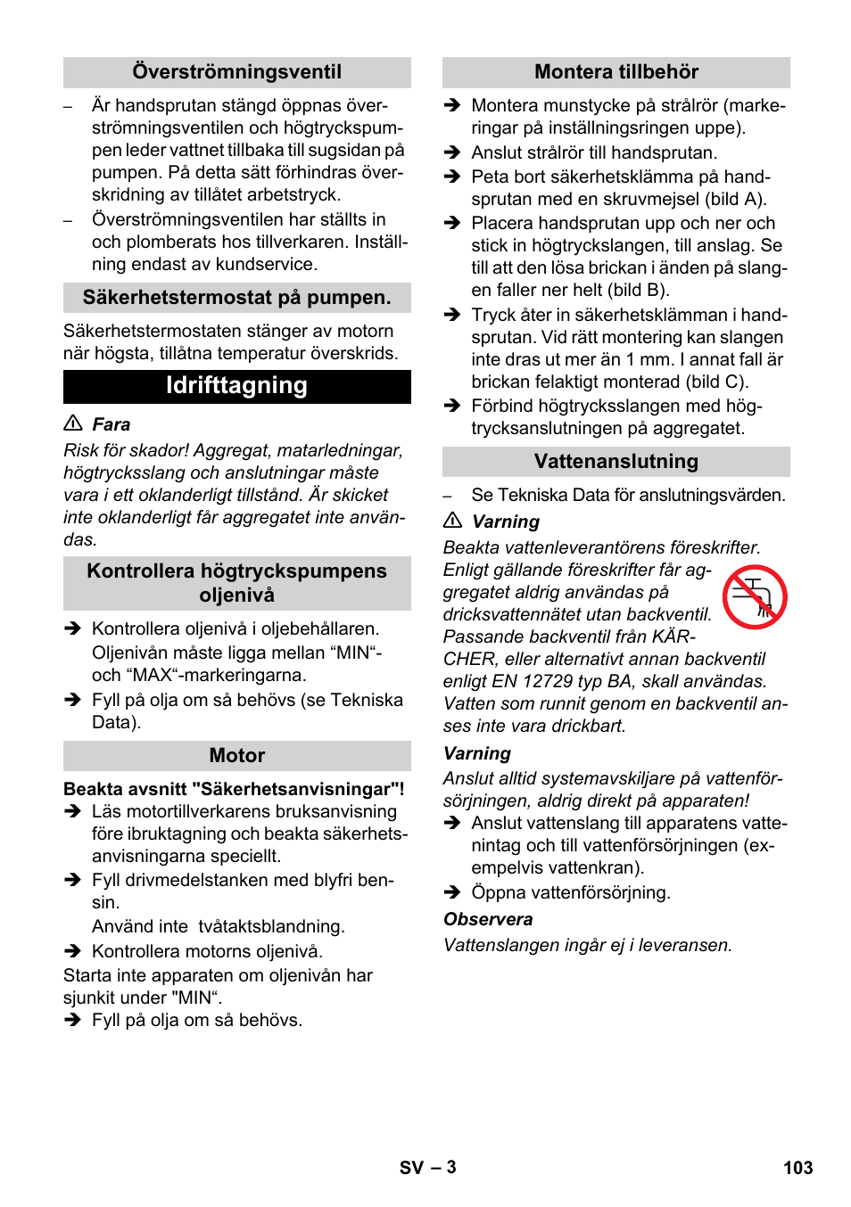 Idrifttagning | Karcher HD 728 B Cage User Manual | Page 103 / 256