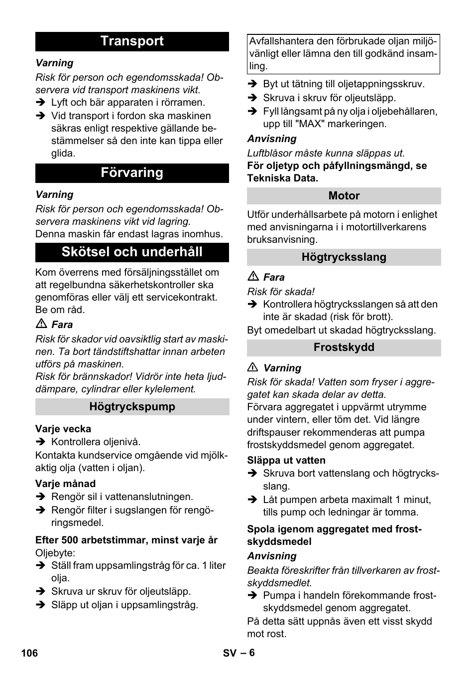 Transport förvaring skötsel och underhåll | Karcher HD 728 B Cage User Manual | Page 106 / 256