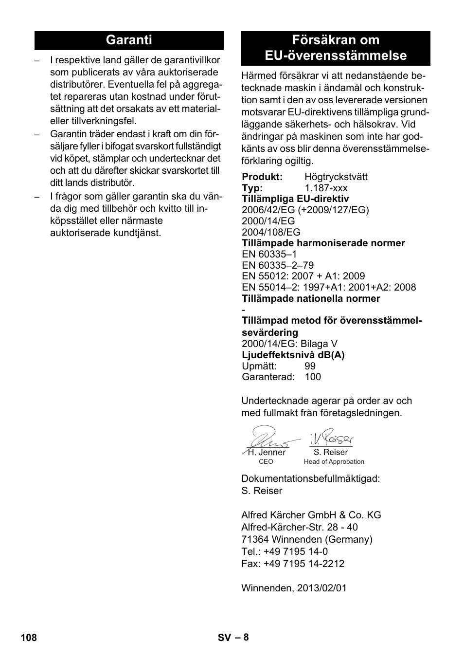 Garanti försäkran om eu-överensstämmelse | Karcher HD 728 B Cage User Manual | Page 108 / 256