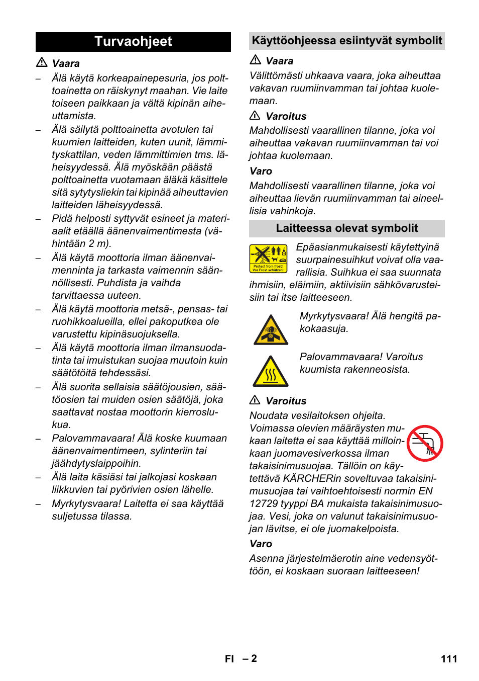 Turvaohjeet | Karcher HD 728 B Cage User Manual | Page 111 / 256