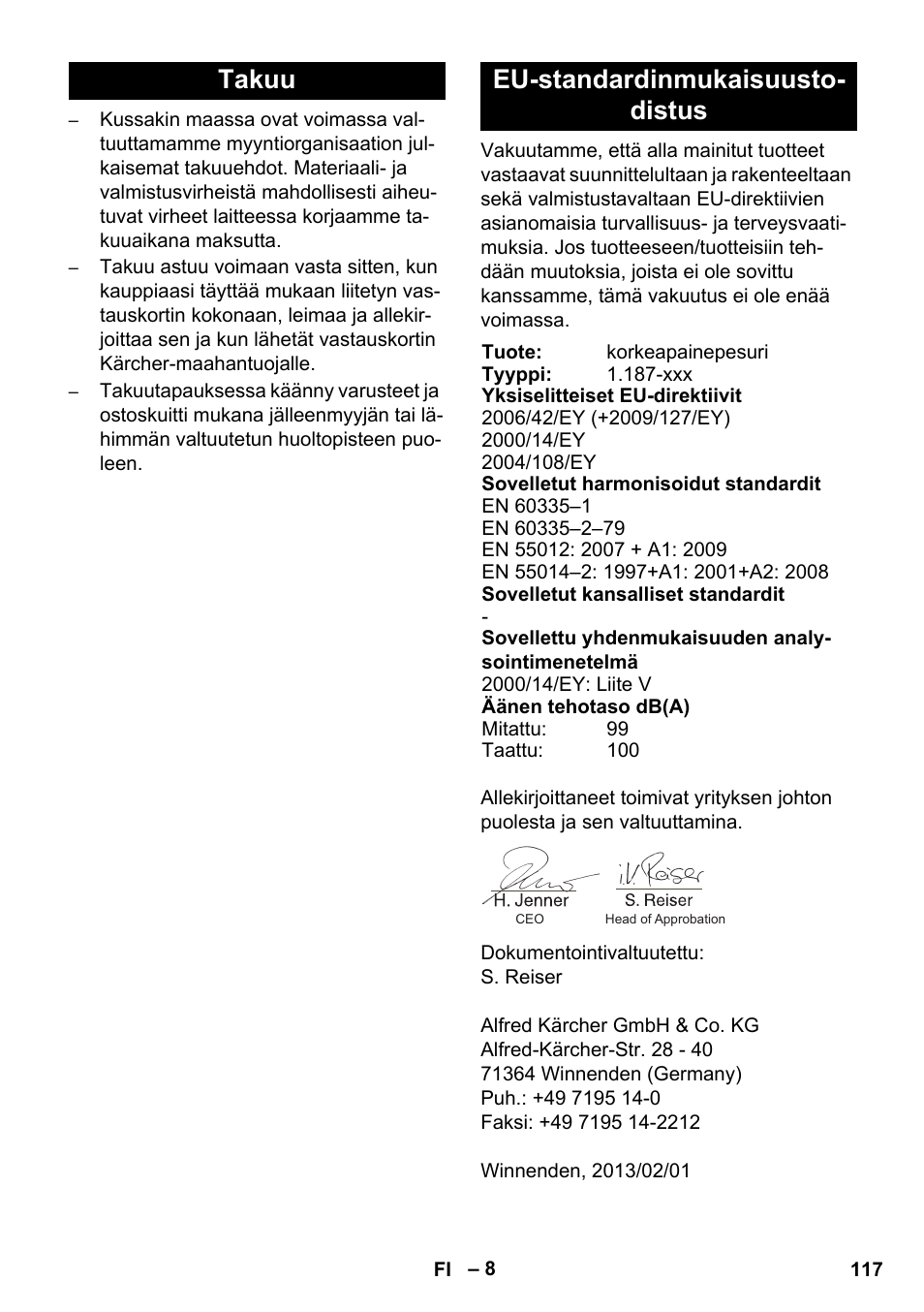 Takuu eu-standardinmukaisuusto- distus | Karcher HD 728 B Cage User Manual | Page 117 / 256