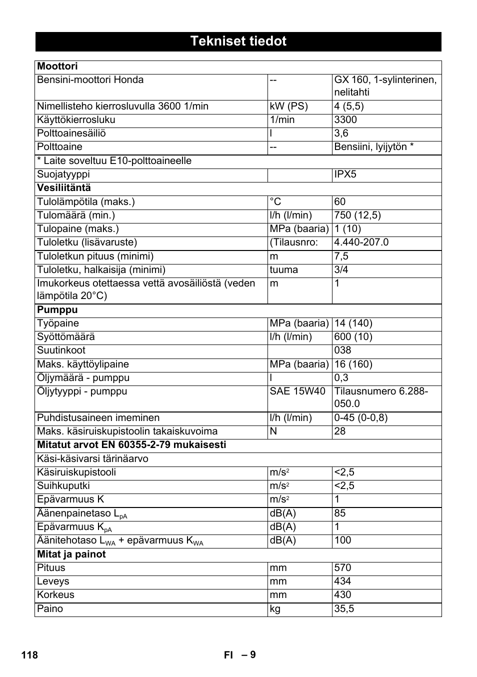 Tekniset tiedot | Karcher HD 728 B Cage User Manual | Page 118 / 256