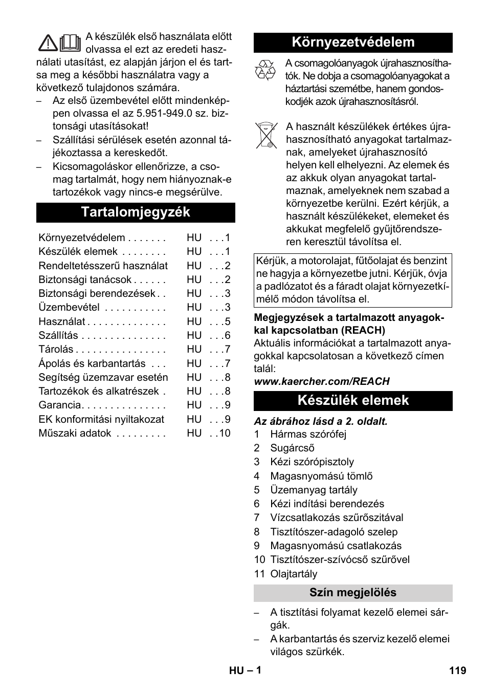 Magyar, Tartalomjegyzék, Környezetvédelem | Készülék elemek | Karcher HD 728 B Cage User Manual | Page 119 / 256