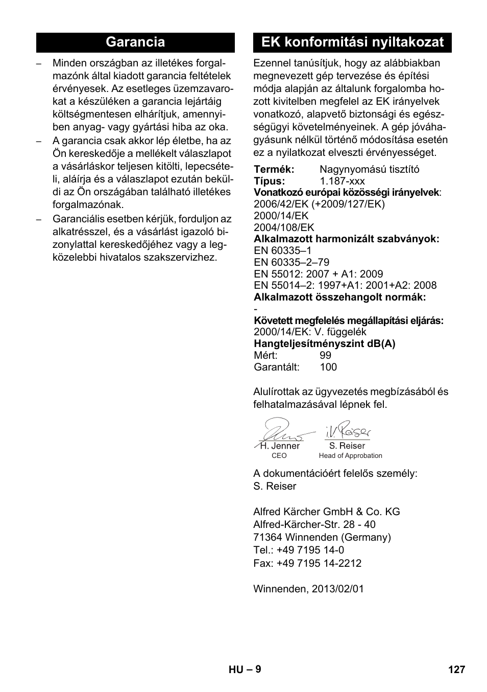 Garancia ek konformitási nyiltakozat | Karcher HD 728 B Cage User Manual | Page 127 / 256