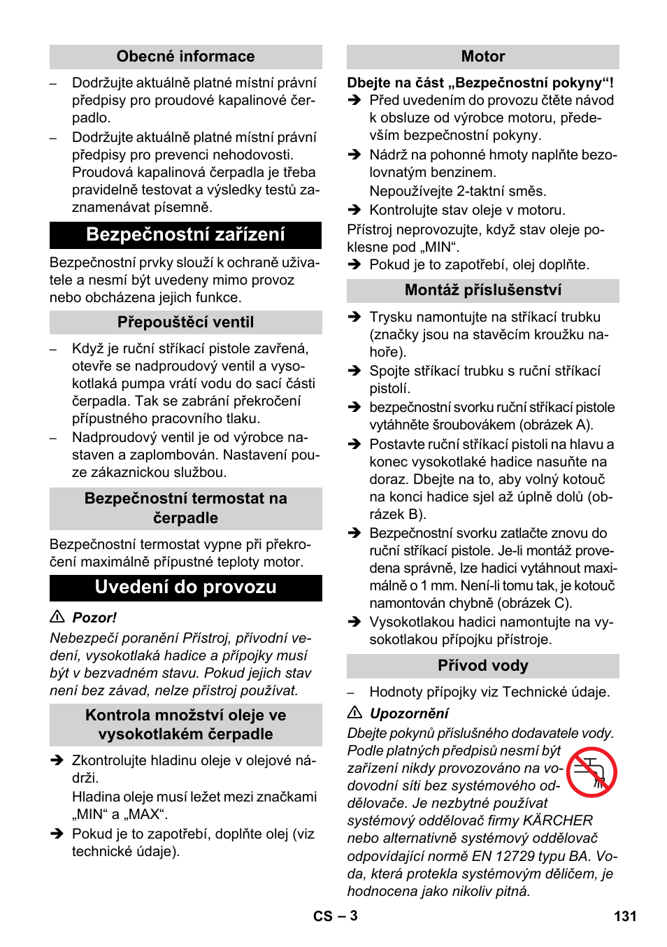 Bezpečnostní zařízení, Uvedení do provozu | Karcher HD 728 B Cage User Manual | Page 131 / 256