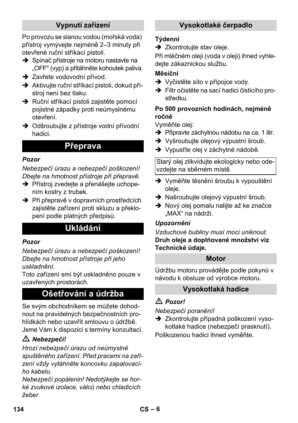 Přeprava ukládání ošetřování a údržba | Karcher HD 728 B Cage User Manual | Page 134 / 256