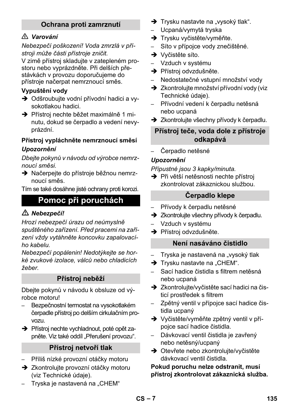 Pomoc při poruchách | Karcher HD 728 B Cage User Manual | Page 135 / 256