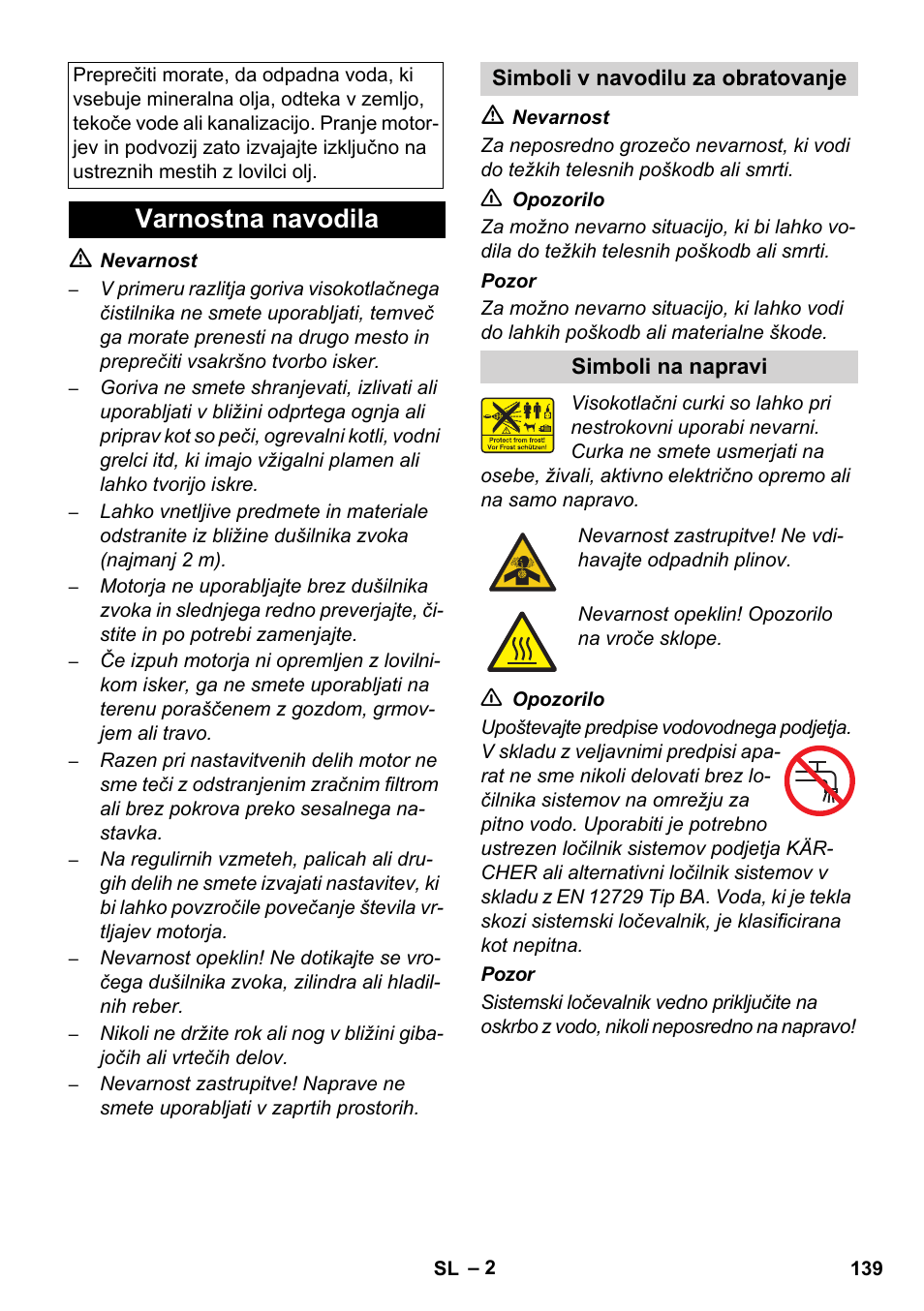 Varnostna navodila | Karcher HD 728 B Cage User Manual | Page 139 / 256