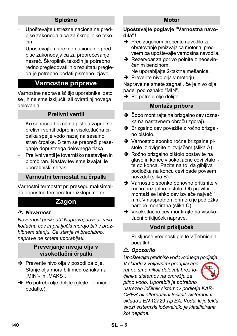 Varnostne priprave, Zagon | Karcher HD 728 B Cage User Manual | Page 140 / 256