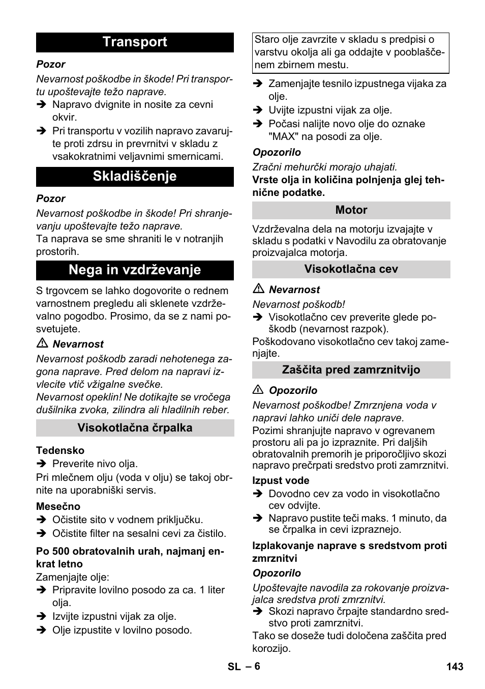 Transport skladiščenje nega in vzdrževanje | Karcher HD 728 B Cage User Manual | Page 143 / 256