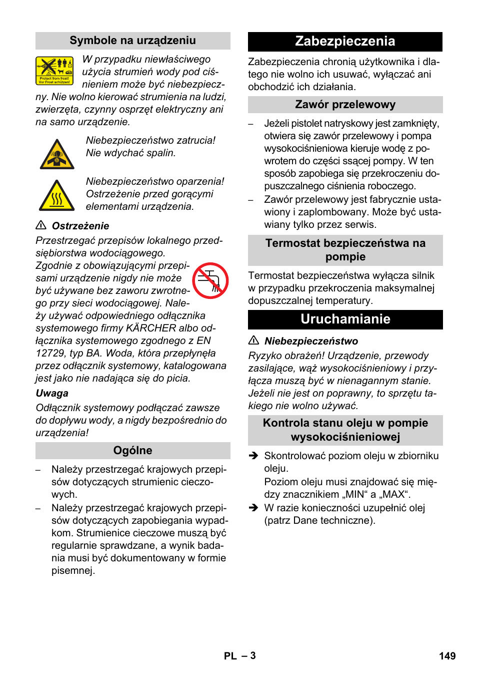 Zabezpieczenia, Uruchamianie | Karcher HD 728 B Cage User Manual | Page 149 / 256