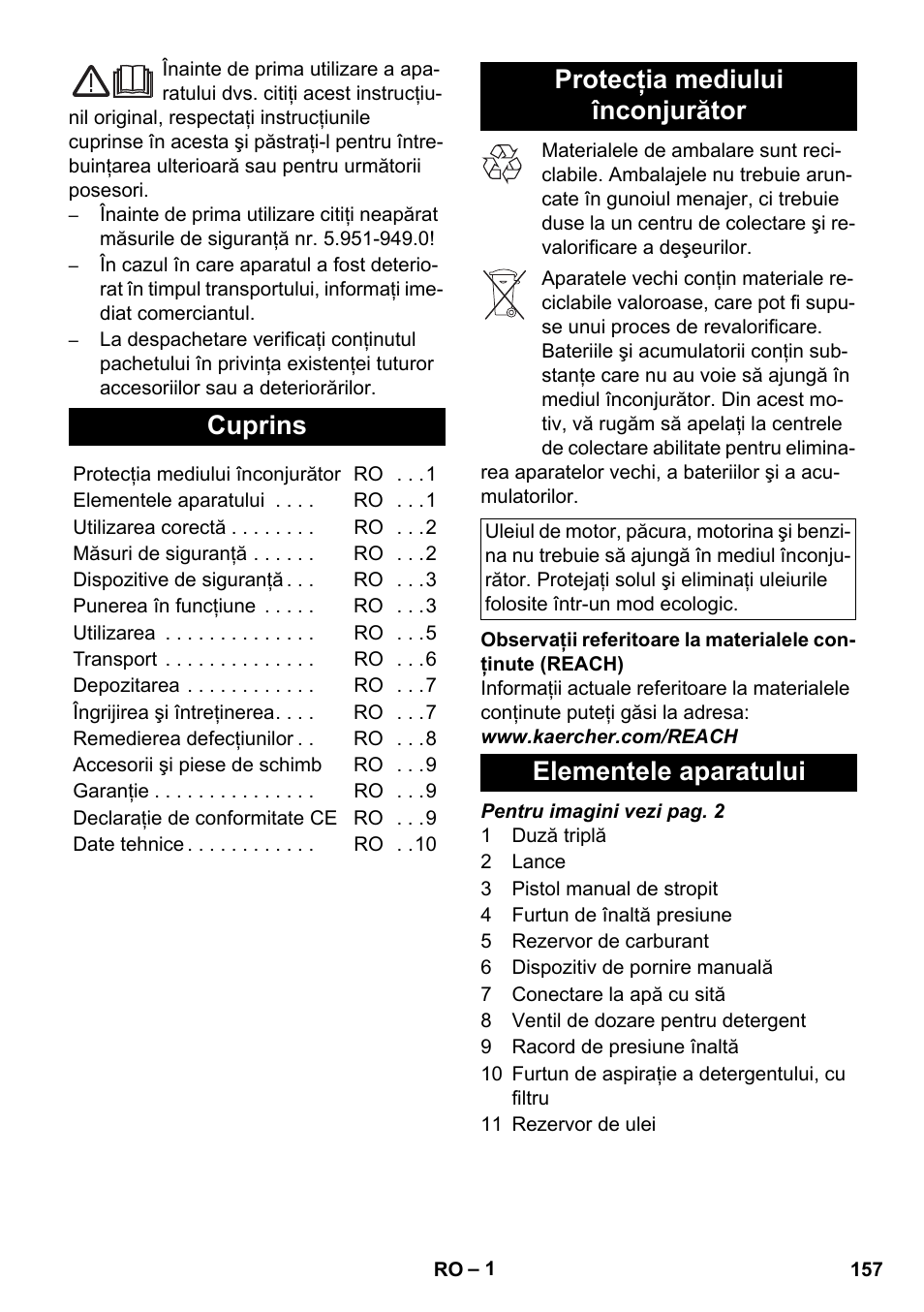 Româneşte, Cuprins, Protecţia mediului înconjurător | Elementele aparatului | Karcher HD 728 B Cage User Manual | Page 157 / 256