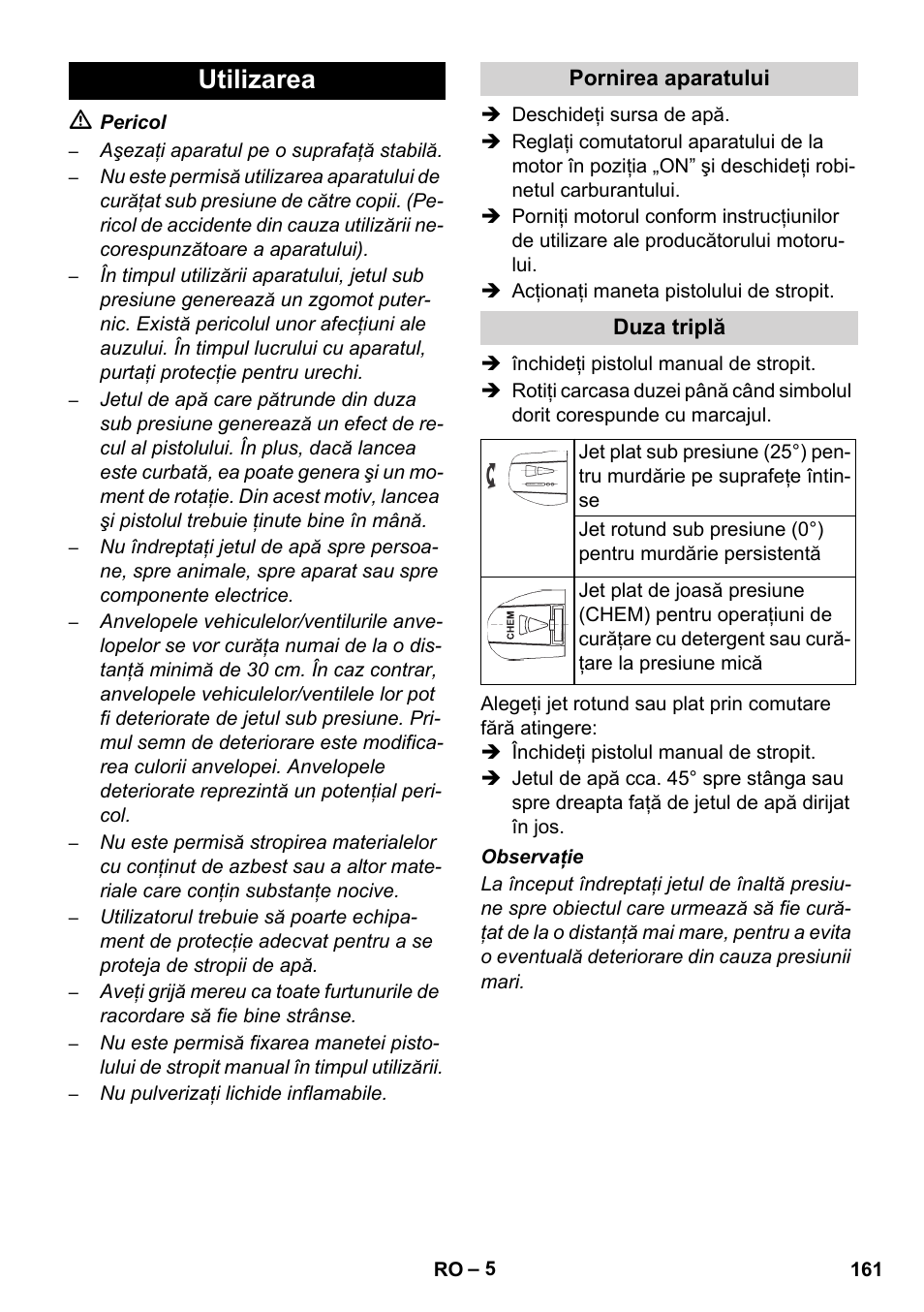 Utilizarea | Karcher HD 728 B Cage User Manual | Page 161 / 256