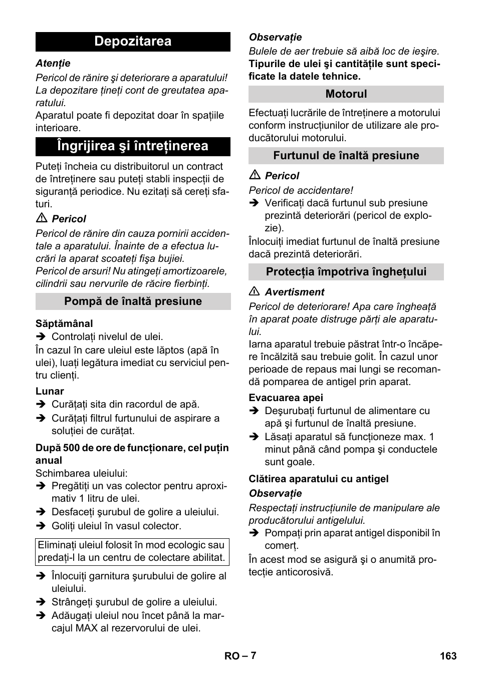 Depozitarea îngrijirea şi întreţinerea | Karcher HD 728 B Cage User Manual | Page 163 / 256