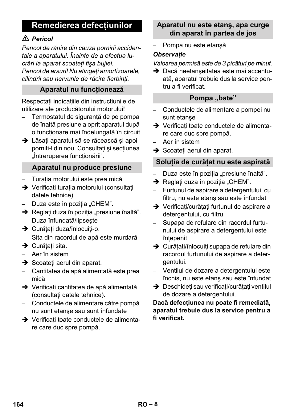 Remedierea defecţiunilor | Karcher HD 728 B Cage User Manual | Page 164 / 256