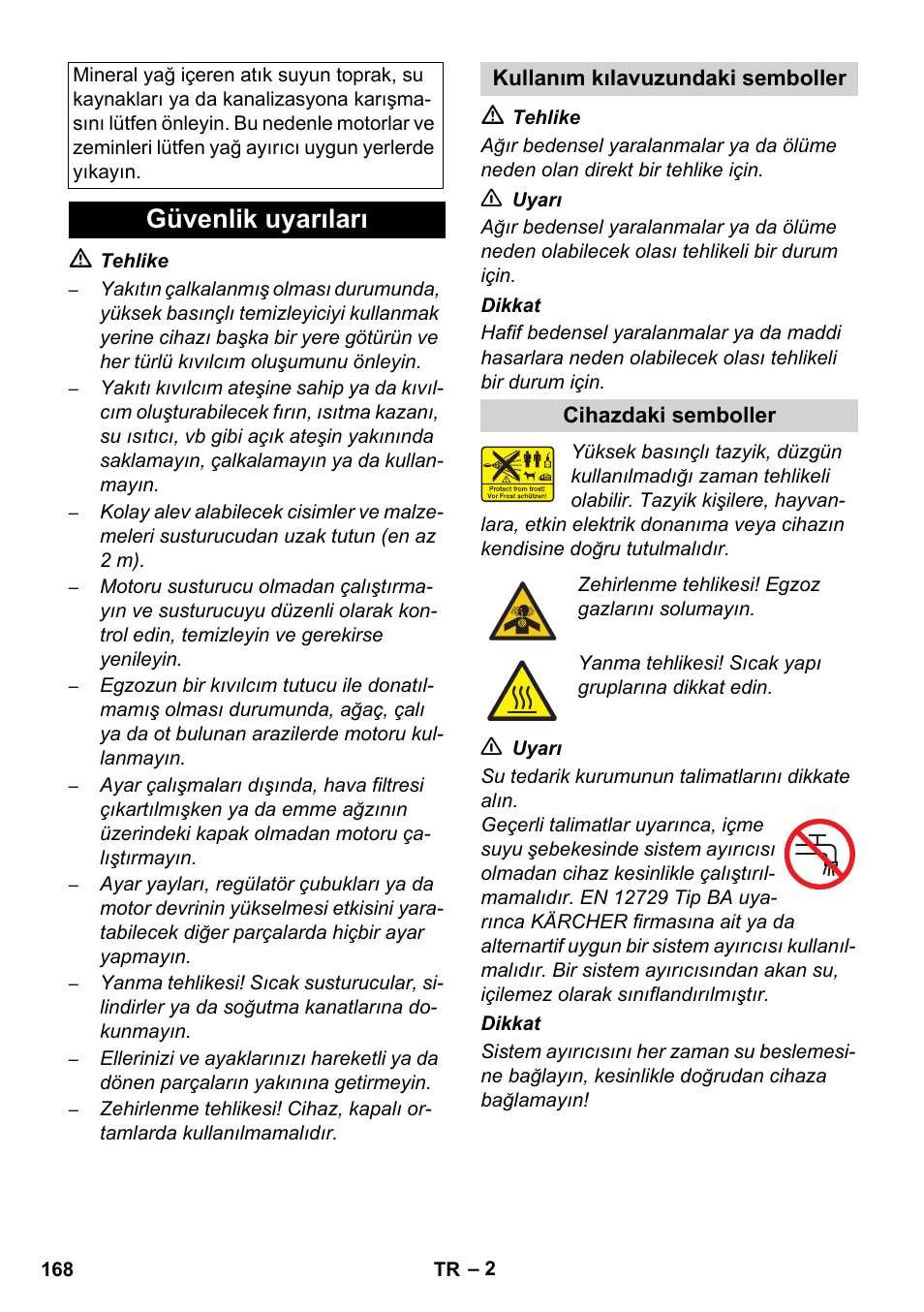 Güvenlik uyarıları | Karcher HD 728 B Cage User Manual | Page 168 / 256