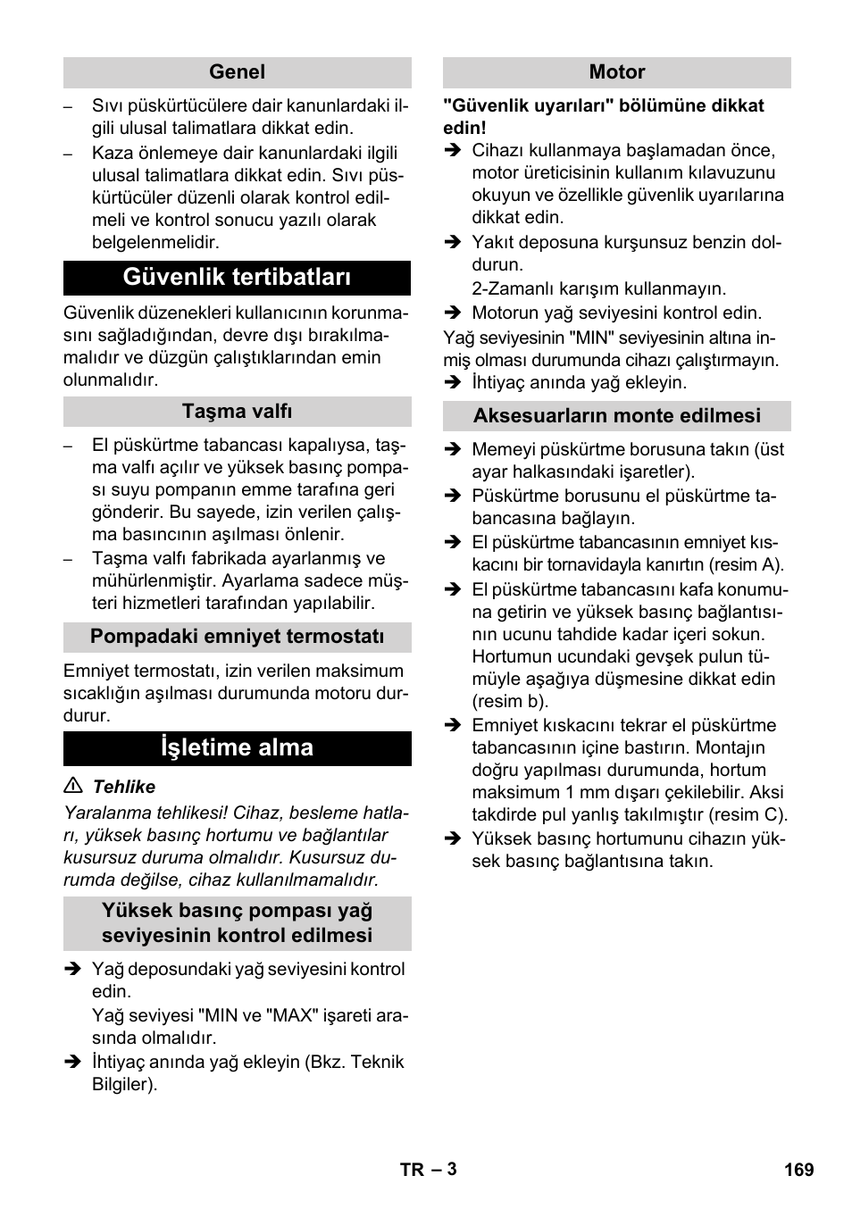 Güvenlik tertibatları, Işletime alma | Karcher HD 728 B Cage User Manual | Page 169 / 256