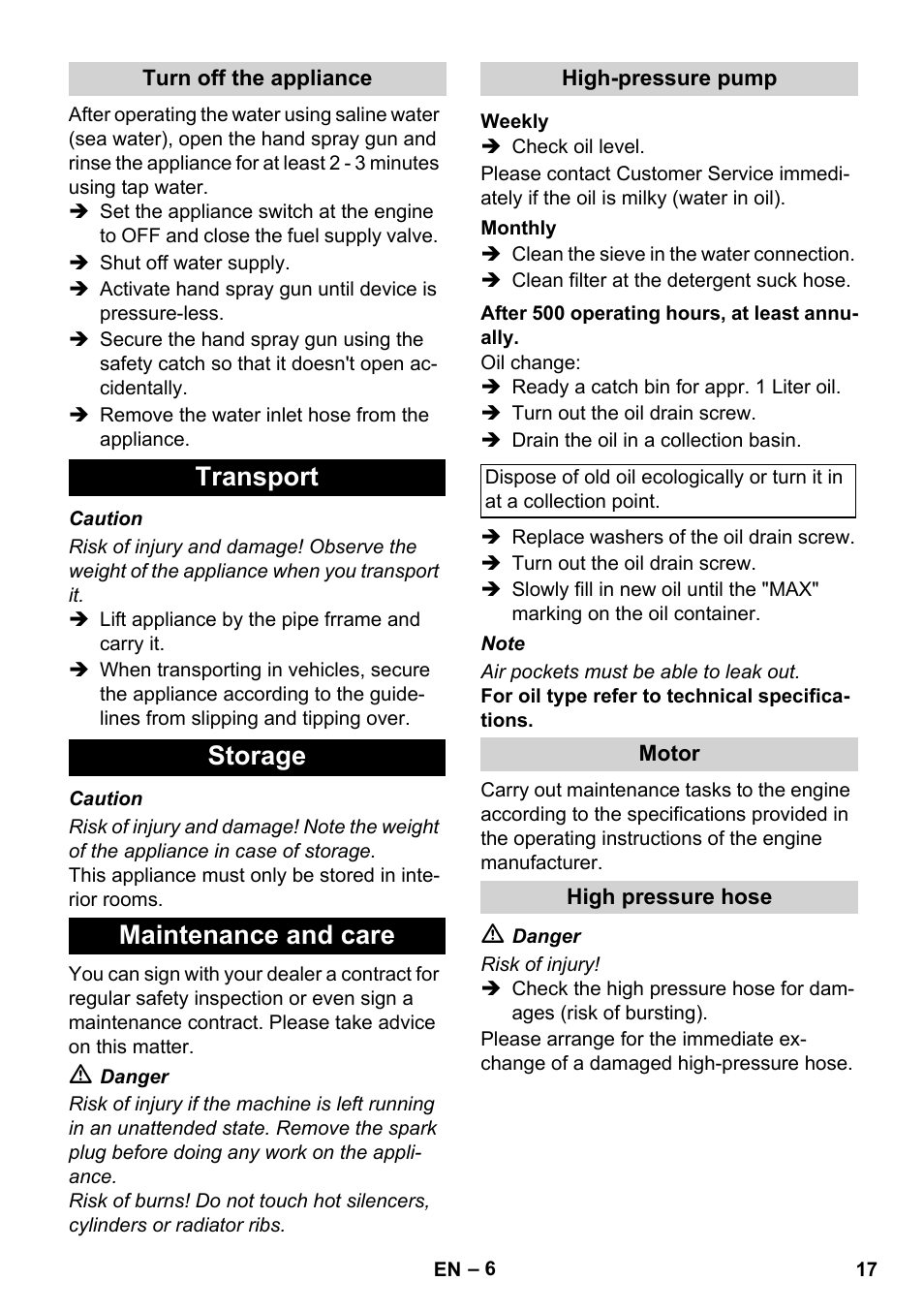 Transport storage maintenance and care | Karcher HD 728 B Cage User Manual | Page 17 / 256