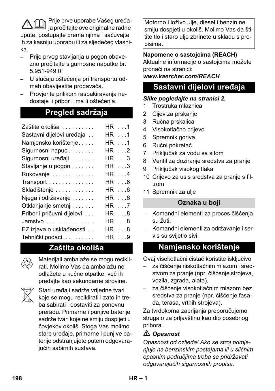 Hrvatski, Pregled sadržaja, Zaštita okoliša | Sastavni dijelovi uređaja, Namjensko korištenje | Karcher HD 728 B Cage User Manual | Page 198 / 256