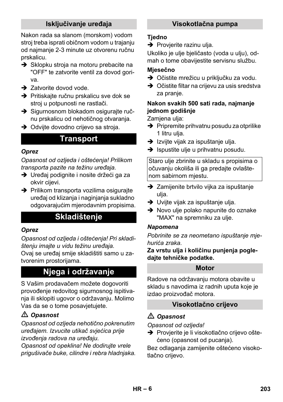 Transport skladištenje njega i održavanje | Karcher HD 728 B Cage User Manual | Page 203 / 256