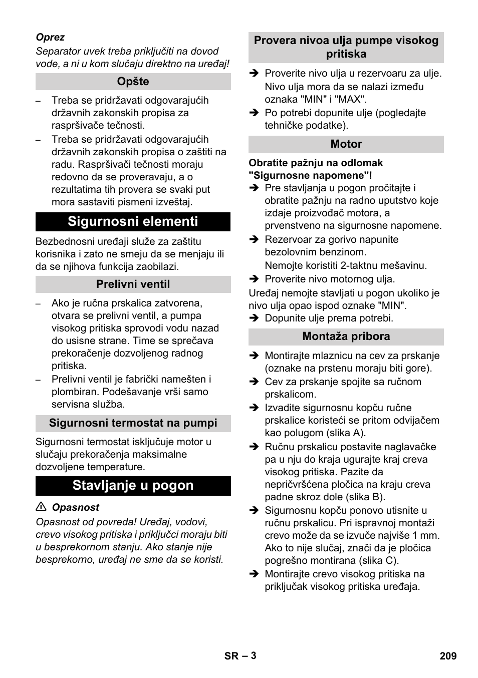 Sigurnosni elementi, Stavljanje u pogon | Karcher HD 728 B Cage User Manual | Page 209 / 256