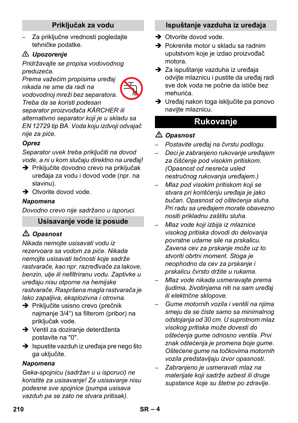 Rukovanje | Karcher HD 728 B Cage User Manual | Page 210 / 256