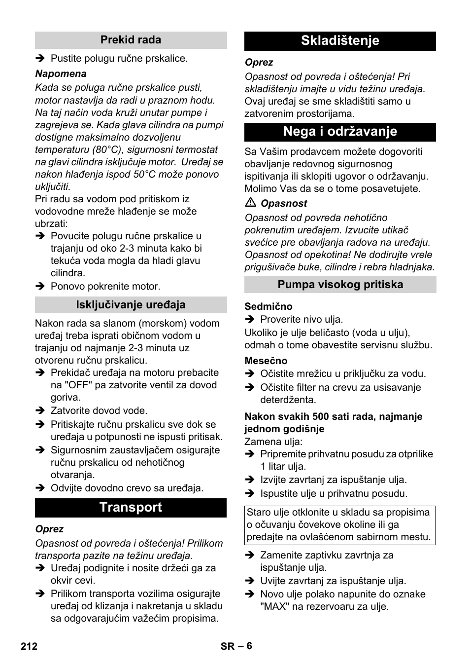 Transport skladištenje nega i održavanje | Karcher HD 728 B Cage User Manual | Page 212 / 256