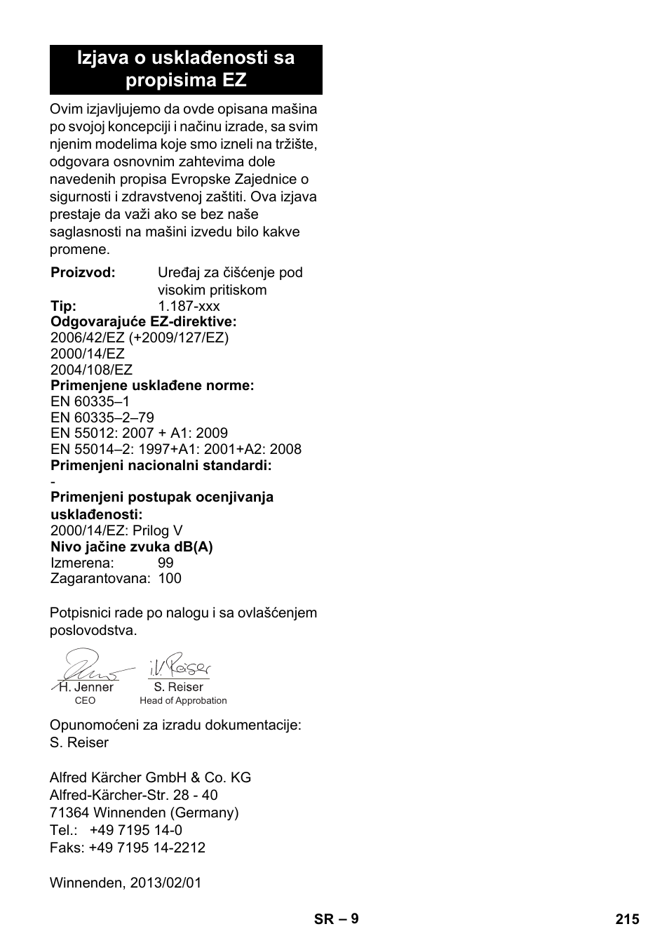 Izjava o usklađenosti sa propisima ez | Karcher HD 728 B Cage User Manual | Page 215 / 256