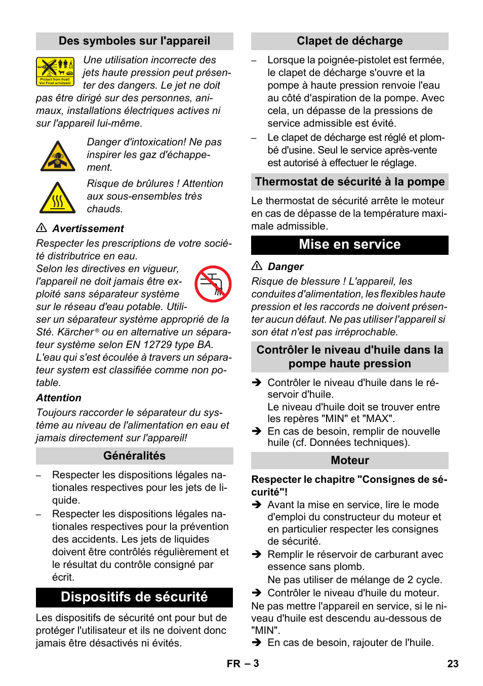 Dispositifs de sécurité, Mise en service | Karcher HD 728 B Cage User Manual | Page 23 / 256