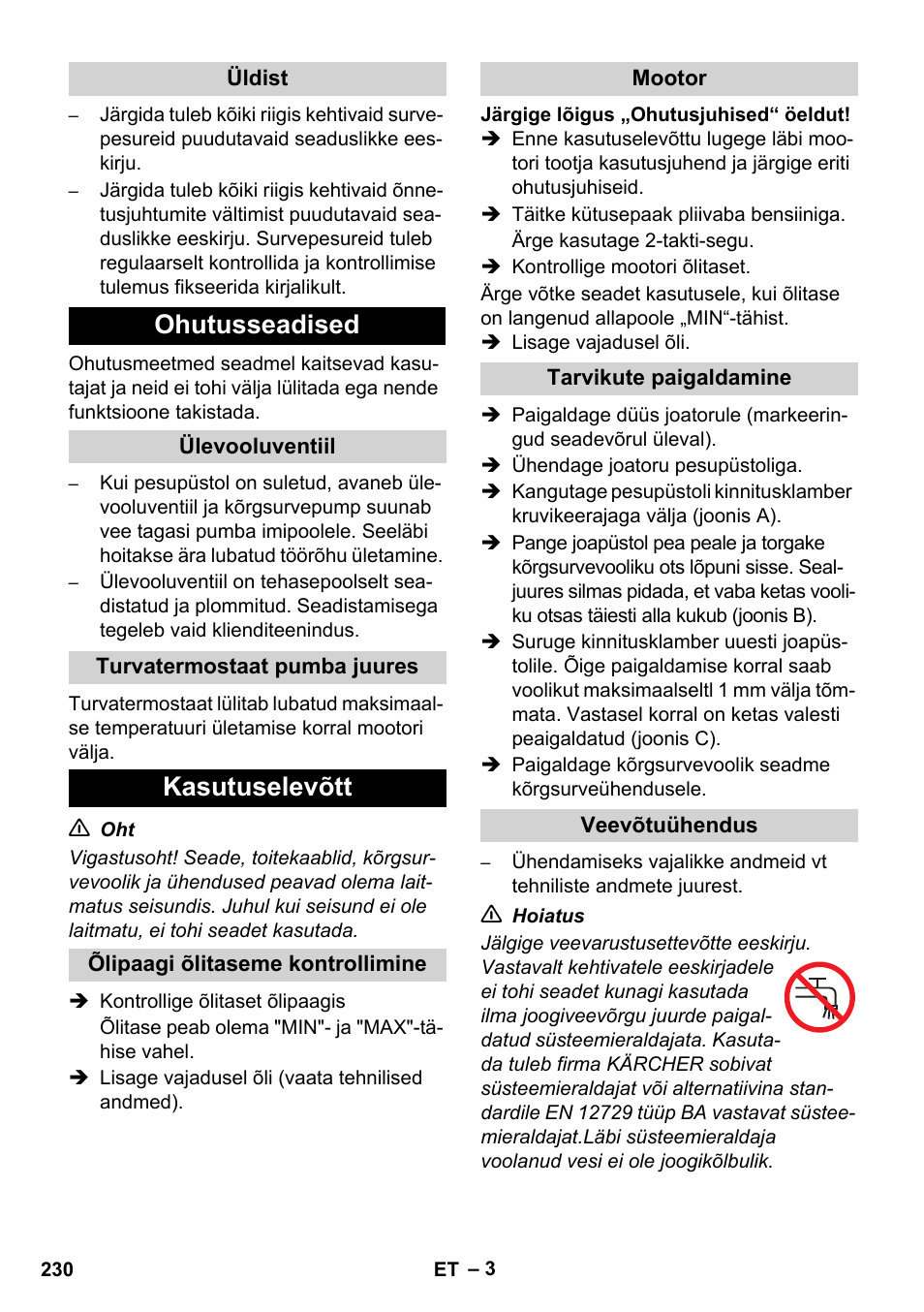 Ohutusseadised, Kasutuselevõtt | Karcher HD 728 B Cage User Manual | Page 230 / 256