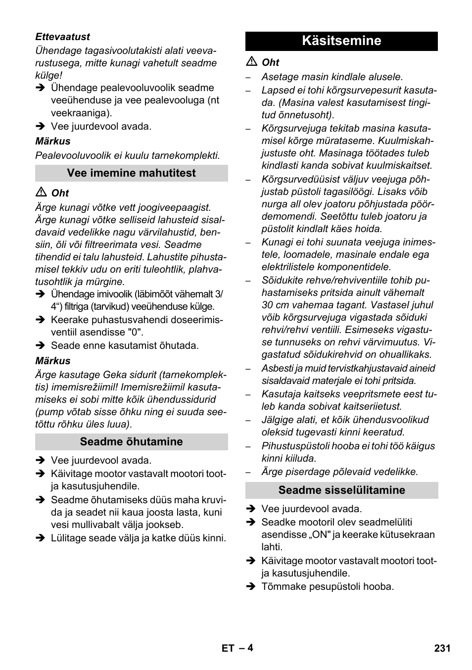 Käsitsemine | Karcher HD 728 B Cage User Manual | Page 231 / 256