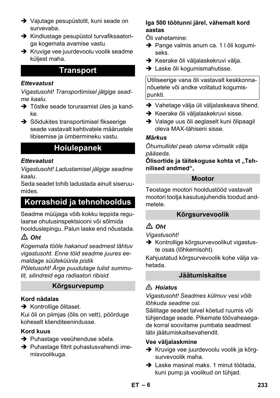 Transport hoiulepanek korrashoid ja tehnohooldus | Karcher HD 728 B Cage User Manual | Page 233 / 256