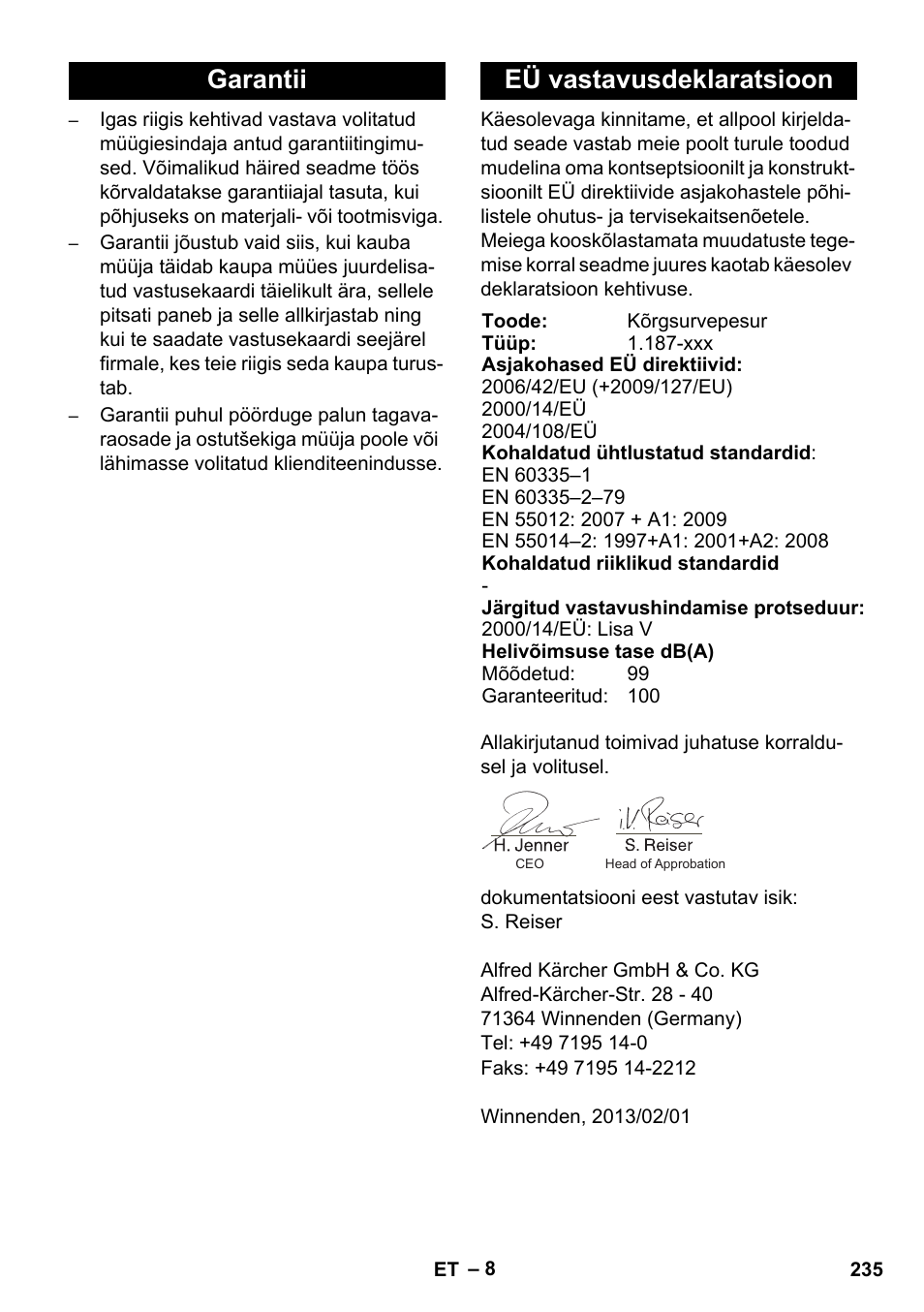 Garantii eü vastavusdeklaratsioon | Karcher HD 728 B Cage User Manual | Page 235 / 256