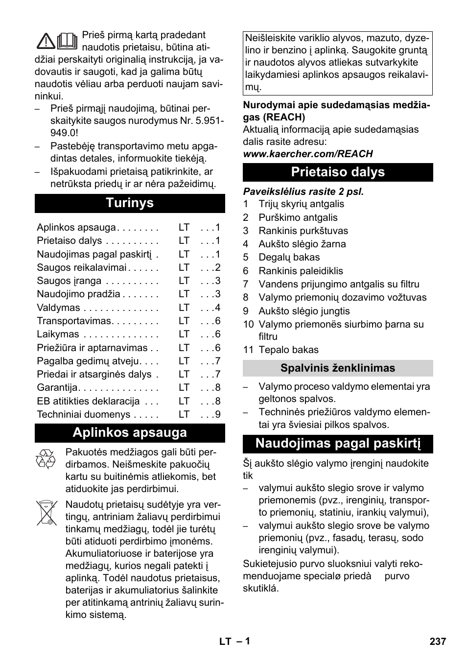 Lietuviškai, Turinys, Aplinkos apsauga | Prietaiso dalys, Naudojimas pagal paskirtį | Karcher HD 728 B Cage User Manual | Page 237 / 256