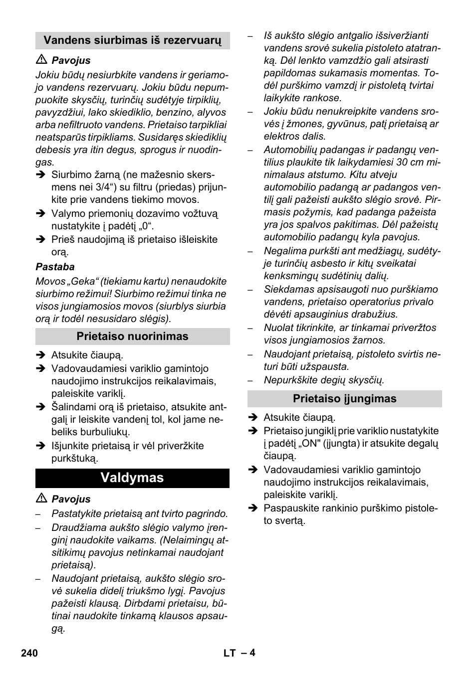 Valdymas | Karcher HD 728 B Cage User Manual | Page 240 / 256